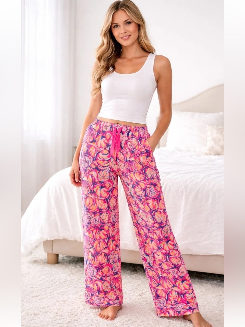 Lilly Pulitzer Shell of a Time Pajama Lounge Pants Cotton Drawstring 31" Sz S